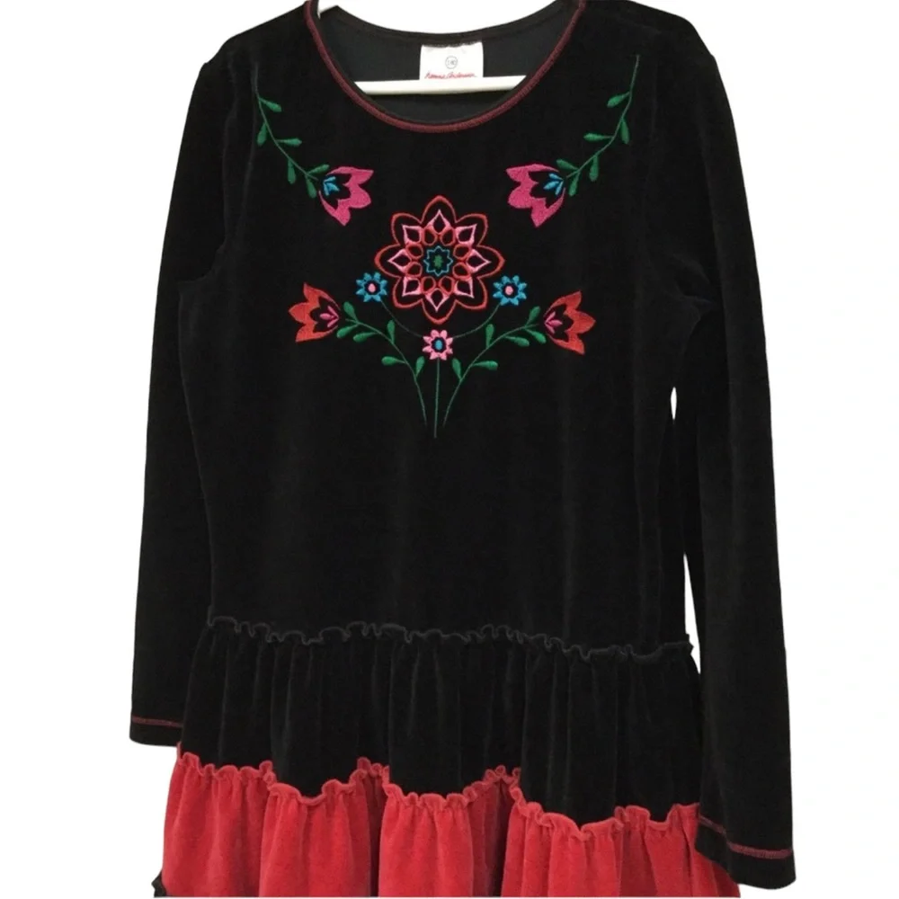 HANNAH ANDERSSON sz 10 Dress Embroidered Flowers Velour Long Sleeve Black Red +